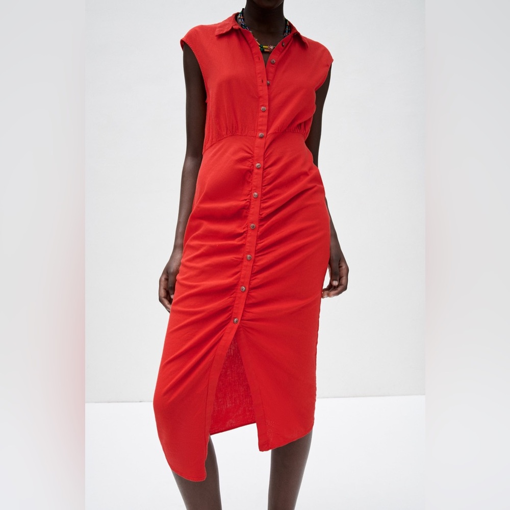 Zara Red Sleeveless Front Button Ruched Linen Blend Midi Dress XL
New With Tags